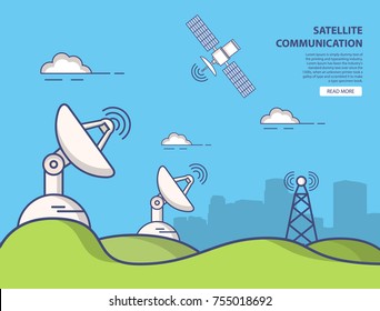 Receptores parabólicos de antenas parabólicas de comunicación.Horizontal urbano.El satélite artificial en órbita terrestre la señal de transmisión en la superficie del planeta.Planta de caricaturas de tecnología inalámbrica.