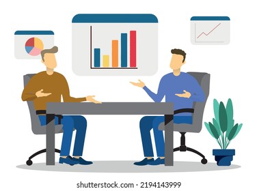 Communication of partners and planning of profit from the project of the creative team. Two businessmen talking about financial data