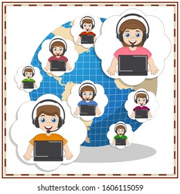 Communication of people against the background of the globe. Isolated on white background. Vector illustration.