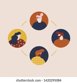 Communication of people by the Internet, social networking, messages, web site, search friends, chat, video, mobile vector illustration. Avatars or icons of social network.