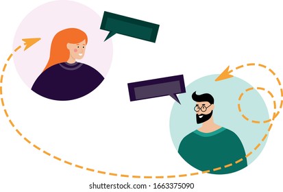 Communication of people by the social connections, social network and sending messages, messaging between people. Flat vector illustration.