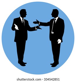Communication of people. Dialogue, discussion, rhetoric. Black and white silhouette of two men in a blue circle. Vector. Icon.