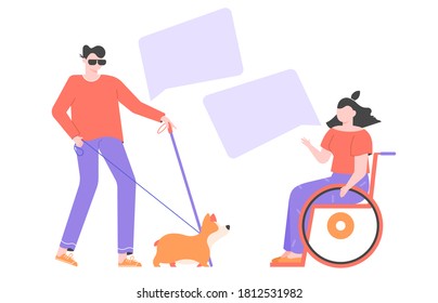 Communication of people with disabilities. A blind man with a guide dog and a cute brunette woman in a wheelchair. Dialogue bubbles. Vector flat illustration.