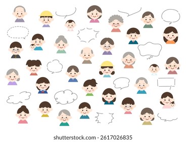 Communication of people. Face icons with speech bubbles. Vector illustration. White background.