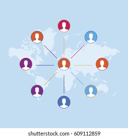 Communication people flat vector illustration on background world map. Social network concept.