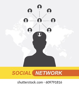 Communication people flat vector illustration on background world map. Social network concept.