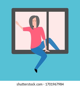 Communication people house quarantine.  Vector cartoon illustration. Corona virus. Young women. 