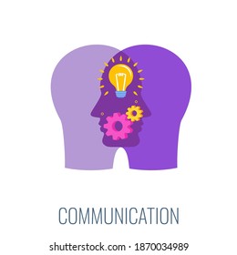 Communication people icon. Mechanism and gears in the head. Metaphor of contact, interaction and teamwork. Flat vector cartoon illustration.