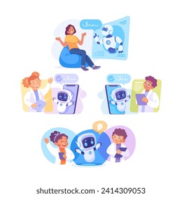 Communication with People Interact with Chat Bot Vector Set