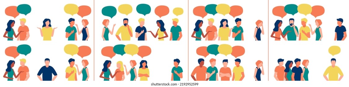 Comunicación, la gente habla en grupo, el equipo trabaja juntos. Redes sociales, chat, discusión. Actitud respetuosa y relación indiferente. Discriminación, indiferencia al compañero de equipo. Vector