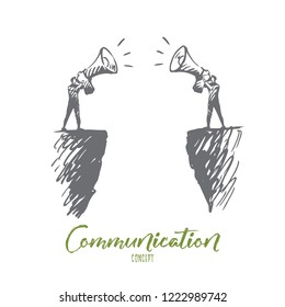 Communication, people, two, talk, megaphone concept. Hand drawn two persons communicate with megaphone concept sketch. Isolated vector illustration.