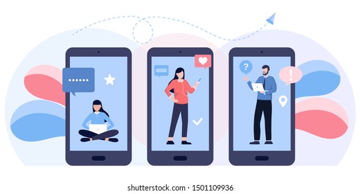 communication phone, people and social networks, media.  big smartphone with app on screen and using smart phones, news and texting message to friends. people talking in group chat messenger