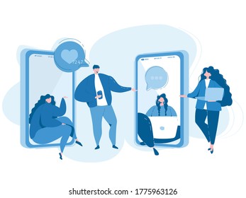 Communication phone, people and social networks. Vector illustration for web banner, infographics, mobile. 