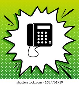 Communication or phone sign. Black Icon on white popart Splash at green background with white spots. Illustration.