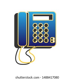 Communication or phone sign. Blue icon with gold contour with dark gray shadow at white background. Illustration.