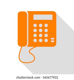 Communication or phone sign. Orange icon with flat style shadow path.