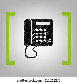 Communication or phone sign. Vector. Black scribble icon in citron brackets on grayish background.