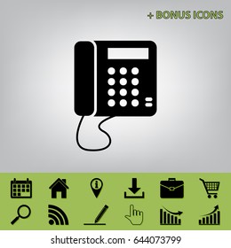 Communication or phone sign. Vector. Black icon at gray background with bonus icons at celery ones