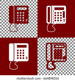 Communication or phone sign. Vector. Bordo and white icons and line icons on chess board with transparent background.