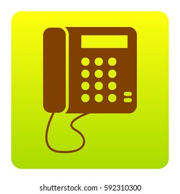 Communication or phone sign. Vector. Brown icon at green-yellow gradient square with rounded corners on white background. Isolated.