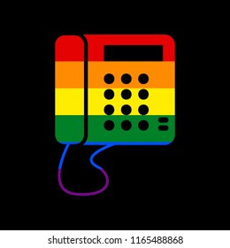 Communication or phone sign. Vector. Icon with colors of LGBT flag at black background.