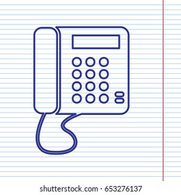 Communication or phone sign. Vector. Navy line icon on notebook paper as background with red line for field.