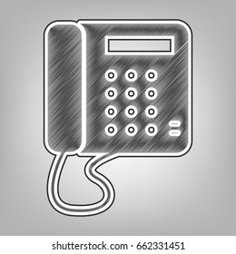 Communication or phone sign. Vector. Pencil sketch imitation. Dark gray scribble icon with dark gray outer contour at gray background.