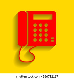 Communication or phone sign. Vector. Red icon with soft shadow on golden background.