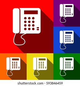 Communication or phone sign. Vector. Set of icons with flat shadows at red, orange, yellow, green, blue and violet background.