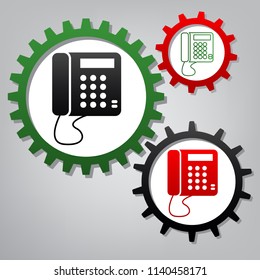 Communication or phone sign. Vector. Three connected gears with icons at grayish background.