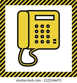 Communication or phone sign. Vector. Warm yellow icon with black contour in frame named as under construction at white background. Isolated.