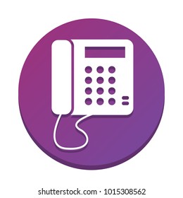 Communication or phone sign. Vector. White icon with flat shadow on purpureus circle at white background. Isolated.