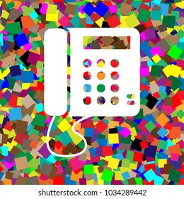 Communication or phone sign. Vector. White icon on colorful background with seamless pattern from squares.