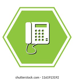 Communication or phone sign. Vector. White icon with black shadow at yellow green honeycomb on white background.