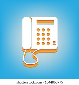 Communication or phone sign. Vector. White icon with 3d warm-colored gradient body at sky blue background.
