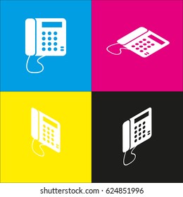 Communication or phone sign. Vector. White icon with isometric projections on cyan, magenta, yellow and black backgrounds.