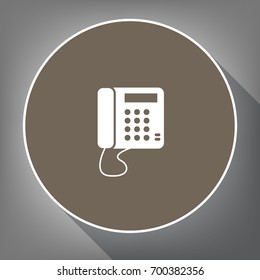 Communication or phone sign. Vector. White icon on brown circle with white contour and long shadow at gray background. 