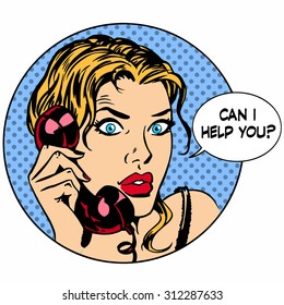 Communication phone. The woman said I can help you. Business work service. Retro style pop art