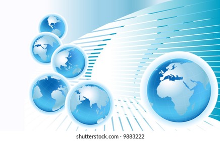 comunicación; planeta tierra desde seis vistas con fondo abstracto azul claro