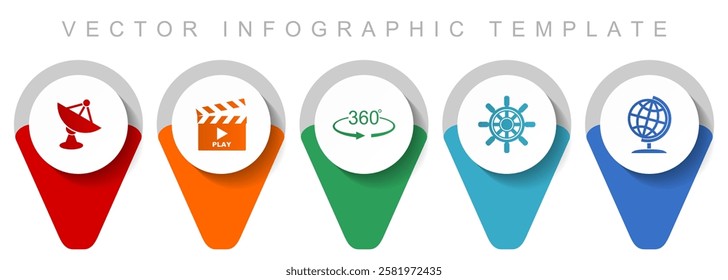 Communication pointer collection, miscellaneous icons such as satellite antenna, cinema, 360 degree, ship wheel and globe, flat design vector infographic template in eps 10