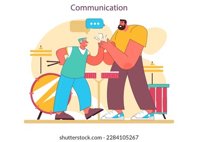 Communication as a positive effect of playing drums. Male character' creative hobby. Drummer practising or performing music, playing musical instrument. Flat vector illustration