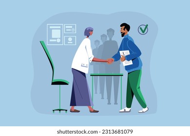 Communication with potential employee. Serious female hiring manager shaking hands with job applicant during meeting in company office. Vector illustration
