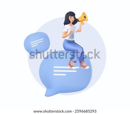Communication or PR 3D illustration, public relations manager, announce sales or promotion concept. Businesswoman holding megaphone while sitting on speaking bubble. Communicate company information