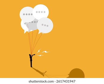 Communication or PR, Businessman holding speech bubbles talking on telephony
