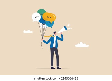 Communication or PR, Public Relations manager to communicate company information and media, announce sales or promotion concept, businessman holding speech bubble balloons while talking on megaphone.