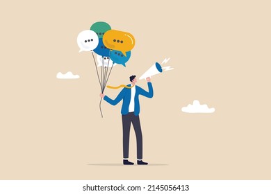 Communication Or PR, Public Relations Manager To Communicate Company Information And Media, Announce Sales Or Promotion Concept, Businessman Holding Speech Bubble Balloons While Talking On Megaphone.