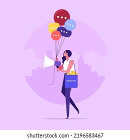 Communication or PR, Public Relations manager to communicate company information and media, announce sales or promotion concept, businesswoman holding speech bubble balloons while talking on megaphone