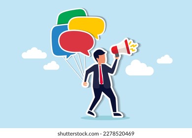 Kommunikation oder PR, Public Relations Manager, um Unternehmensinformationen und Medien zu kommunizieren, Verkaufs- oder Werbekonzept bekannt zu geben, Geschäftsleute, die Sprechblasen halten, während sie über Megaphon sprechen