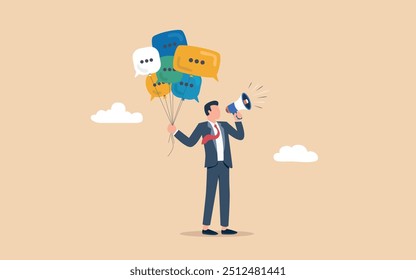 Communication or PR, Public Relations manager to communicate company information and media, announce sales or promotion concept, businessman holding speech bubble balloons while talking on megaphone.