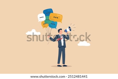 Communication or PR, Public Relations manager to communicate company information and media, announce sales or promotion concept, businessman holding speech bubble balloons while talking on megaphone.